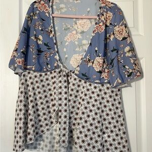 Floral and Geo Mixed-Print Flutter Kimono Top - Blue and White